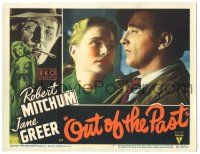 8p732 OUT OF THE PAST LC #7 '47 super close up of Robert Mitchum & pretty Virginia Huston in car!