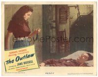 8p733 OUTLAW LC '46 Jane Russell about to stab sleeping Jack Buetel with knife, Howard Hughes