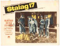 8p860 STALAG 17 LC #7 '53 Billy Wilder classic, Preminger, Sig Ruman & more Nazis w/ fallen man!