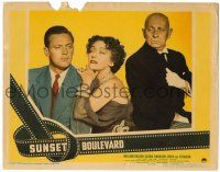 8p881 SUNSET BOULEVARD LC #5 '50 William Holden, Gloria Swanson, butler Erich von Stroheim!