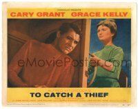 8p924 TO CATCH A THIEF LC #7 '55 close up of Cary Grant & Brigitte Auber on boat, Hitchcock!