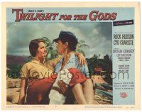 8p938 TWILIGHT FOR THE GODS LC #2 '58 c/u of Rock Hudson carrying sexy Cyd Charisse on beach!