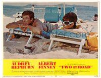 8p939 TWO FOR THE ROAD LC #6 '67 sexy Audrey Hepburn & Albert Finney laying on beach!