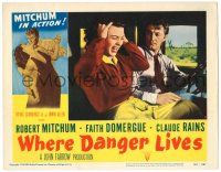 8p970 WHERE DANGER LIVES LC #7 '50 driver Robert Mitchum looks at Faith Domergue screaming!