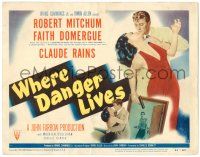 8p270 WHERE DANGER LIVES TC '50 classic art of Robert Mitchum holding sexy Faith Domergue!