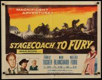 8s373 STAGECOACH TO FURY 1/2sh '56 super-sexy Marie Blanchard hiking up skirt & showing leg!