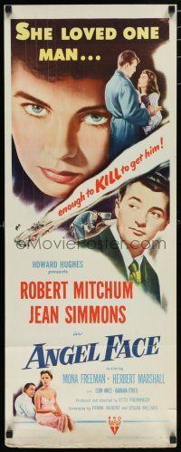 8s453 ANGEL FACE insert '53 Robert Mitchum, pretty heiress Jean Simmons, Otto Preminger, Hughes
