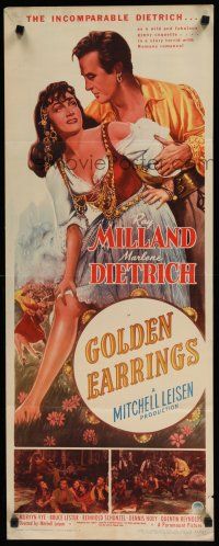 8s570 GOLDEN EARRINGS insert '47 artwork of sexy gypsy Marlene Dietrich & Ray Milland!