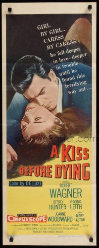8s625 KISS BEFORE DYING insert '56 great close up art of Robert Wagner & Joanne Woodward!