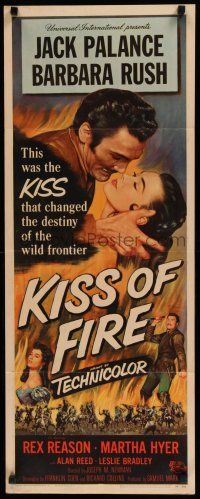 8s627 KISS OF FIRE insert '55 romantic art of Jack Palance as El Tigre & sexy Barbara Rush!