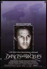 8t200 DANCES WITH WOLVES DS 1sh '90 close portrait of Kevin Costner & running buffalo!