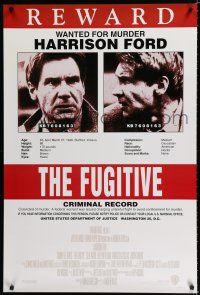 8t285 FUGITIVE int'l 1sh '93 Harrison Ford is on the run, cool wanted poster, recalled!