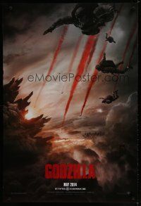 8t299 GODZILLA teaser DS 1sh '14 image of soldiers parachuting over monster & burning city!