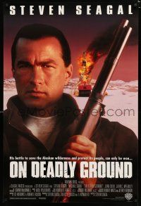 8t543 ON DEADLY GROUND int'l DS 1sh '95 star/director Steven Seagal with shotgun & burning rig!