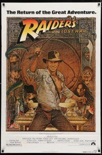 8t609 RAIDERS OF THE LOST ARK 1sh R82 great art of adventurer Harrison Ford by Richard Amsel!