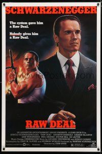 8t615 RAW DEAL 1sh '86 art of tough guy Arnold Schwarzenegger with gun & in suit!
