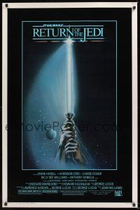 8t622 RETURN OF THE JEDI 1sh '83 George Lucas classic, art of hands holding lightsaber!