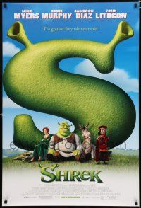 8t678 SHREK DS 1sh '01 great image of top cast sitting in front of giant S!
