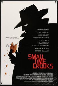 8t694 SMALL TIME CROOKS DS 1sh '00 Woody Allen, cool art of criminal in fedora w/cookie!