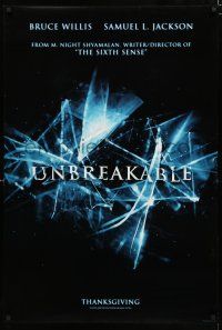 8t790 UNBREAKABLE teaser DS 1sh '00 M. Night Shyamalan directed, Bruce Willis, Samuel L. Jackson!