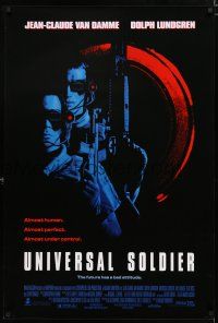 8t798 UNIVERSAL SOLDIER 1sh '92 cool close up of Jean-Claude Van Damme & Dolph Lundgren!