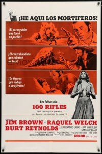 8x007 100 RIFLES Spanish/U.S. 1sh '69 Jim Brown, sexy Raquel Welch & Burt Reynolds on back of train!