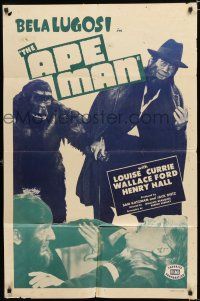 8x049 APE MAN 1sh R49 great image of Bela Lugosi holding ape's hand!