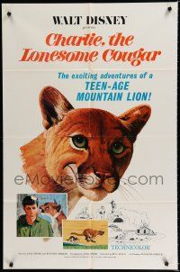8x173 CHARLIE THE LONESOME COUGAR 1sh '67 Walt Disney, art of smiling teen-age mountain lion!