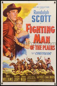 8x310 FIGHTING MAN OF THE PLAINS 1sh '49 Randolph Scott reaching for gun & holding Jane Nigh!