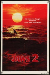 8x445 JAWS 2 undated teaser 1sh '78 classic art of man-eating shark's fin in red water at sunset!