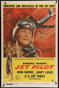 8x449 JET PILOT 1sh '57 great artwork of John Wayne, jet-hot thrills, Howard Hughes!