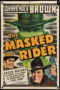 8x538 MASKED RIDER 1sh '41 cool intense art of western cowboy Johnny Mack Brown, Fuzzy Knight!
