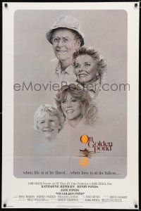 8x622 ON GOLDEN POND 1sh '81 art of Hepburn, Henry Fonda, and Jane Fonda by C.D. de Mar!