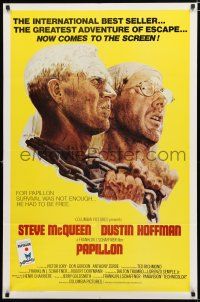 8x638 PAPILLON 1sh '74 art of prisoners Steve McQueen & Dustin Hoffman by Tom Jung!