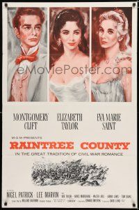 8x694 RAINTREE COUNTY 1sh R60s art of Montgomery Clift, Elizabeth Taylor & Eva Marie Saint!