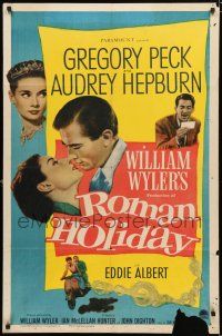 8x722 ROMAN HOLIDAY 1sh '53 Audrey Hepburn & Gregory Peck about to kiss and riding on Vespa!