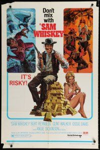 8x731 SAM WHISKEY 1sh '69 art of Burt Reynolds & sexy Angie Dickinson by huge pile of gold!