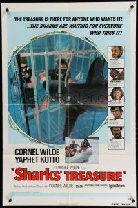 8x758 SHARKS' TREASURE style C 1sh '75 cool photo of scuba divers in cage attacked by shark!