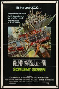 8x796 SOYLENT GREEN 1sh '73 art of Charlton Heston trying to escape riot control by John Solie!