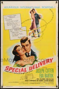 8x797 SPECIAL DELIVERY style B 1sh '55 Cotten & Eva Bartok in hilarious international scandal!