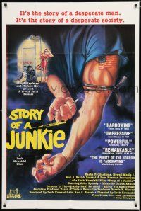 8x826 STORY OF A JUNKIE 1sh '84 great drug artwork of broken needle in arm!