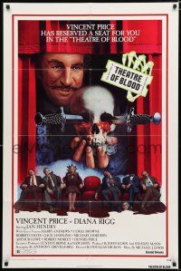 8x857 THEATRE OF BLOOD 1sh '73 great art of Vincent Price holding bloody skull w/dead audience!