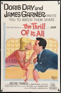 8x869 THRILL OF IT ALL 1sh '63 wonderful artwork of Doris Day kissing James Garner!