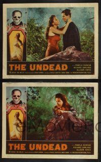 8y718 UNDEAD 7 LCs '57 Roger Corman, border art of skeleton reaching for sexy Allison Hayes!