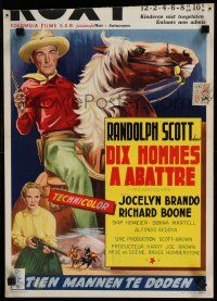 8z607 TEN WANTED MEN Belgian '54 cool artwork of cowboy Randolph Scott on horseback!