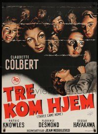 8z844 THREE CAME HOME Danish '50 artwork of Claudette Colbert & prison women without their men!