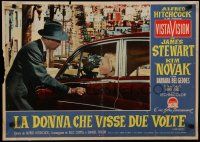 8z114 VERTIGO Italian photobusta '58 Hitchcock classic, James Stewart & Kim Novak in car!