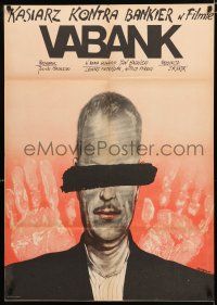 8z095 HIT THE BANK Polish 27x38 '80 cool Andrzej Pagowski art of mystery man & handprints!