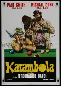 8z183 CARAMBOLA Yugoslavian 19x28 '74 art of cowboys Paul Smith & Antonio Cantafora at pool table!