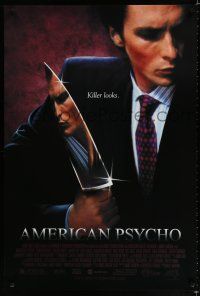 9b056 AMERICAN PSYCHO 1sh '00 image of psychotic yuppie killer Christian Bale, from Ellis novel!